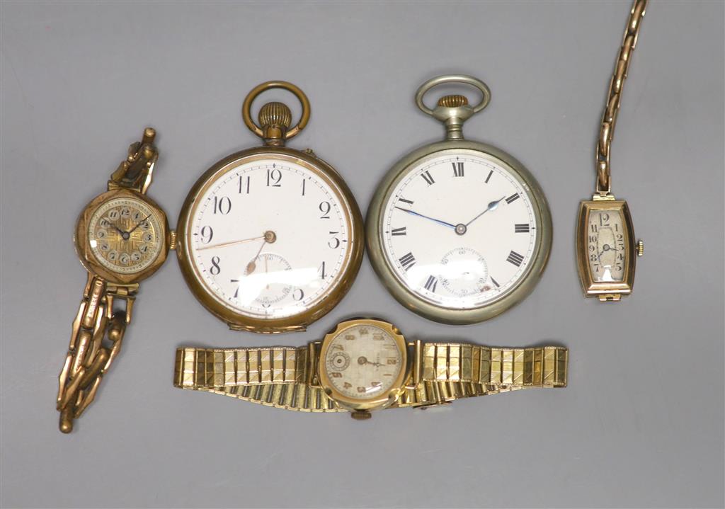 Two ladys gold wristwatches with gold plated bracelets, gross 39.6 grams and three other watches, various